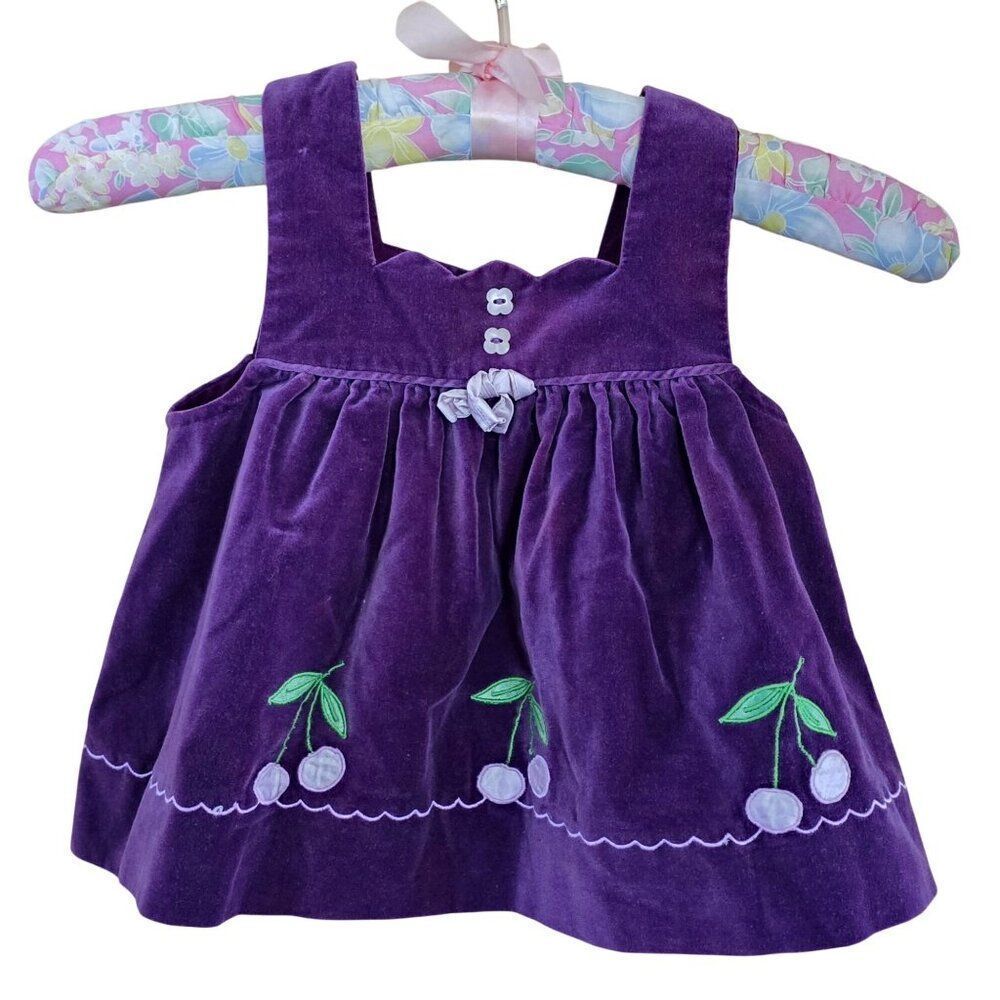 Vintage Purple Velour Baby jumper Dress With Cherry Embroidery 18 Months